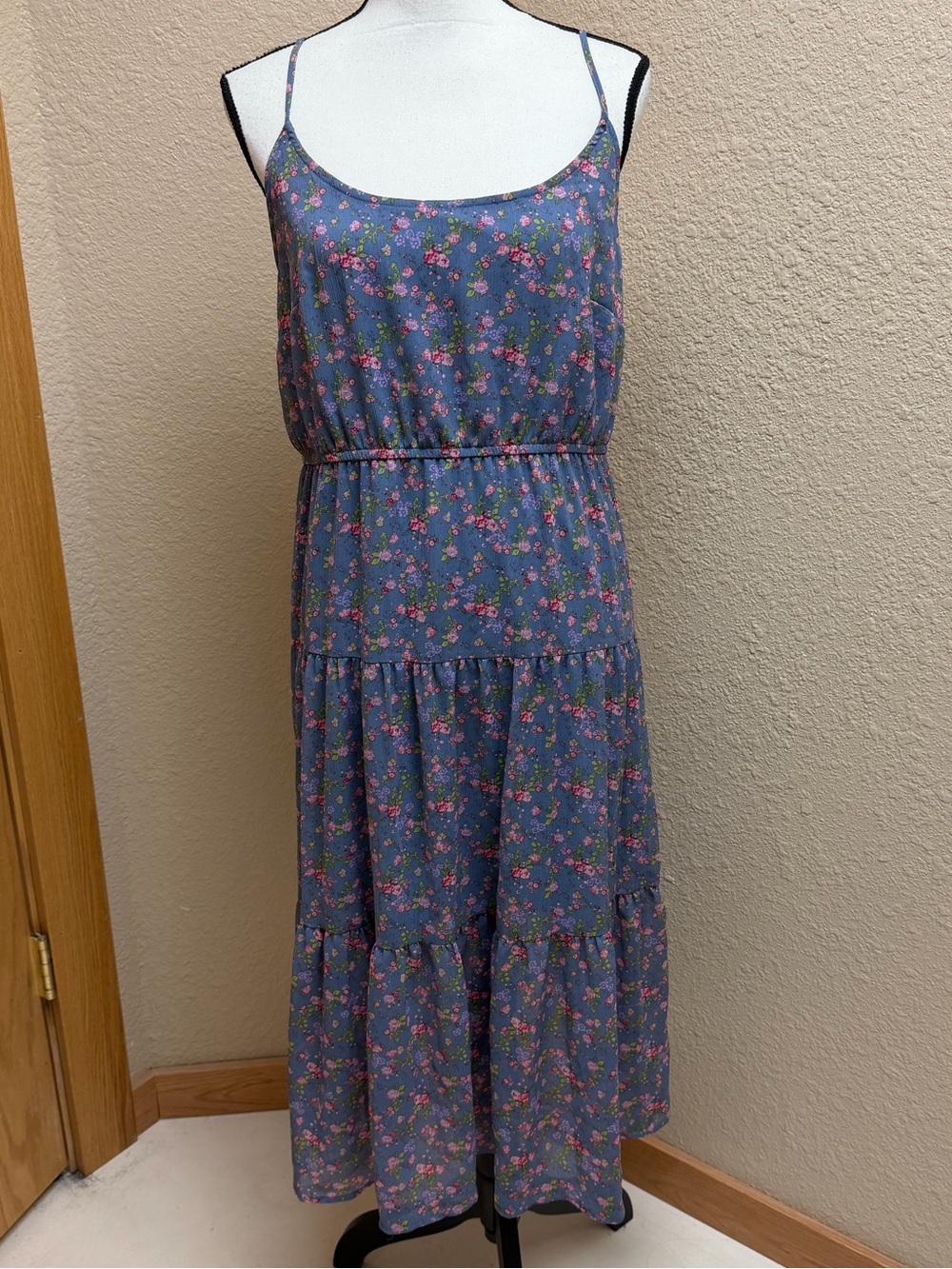 4/$20 wild fable Slate Blue Floral Tiered Spaghetti-Strap Maxi Dress